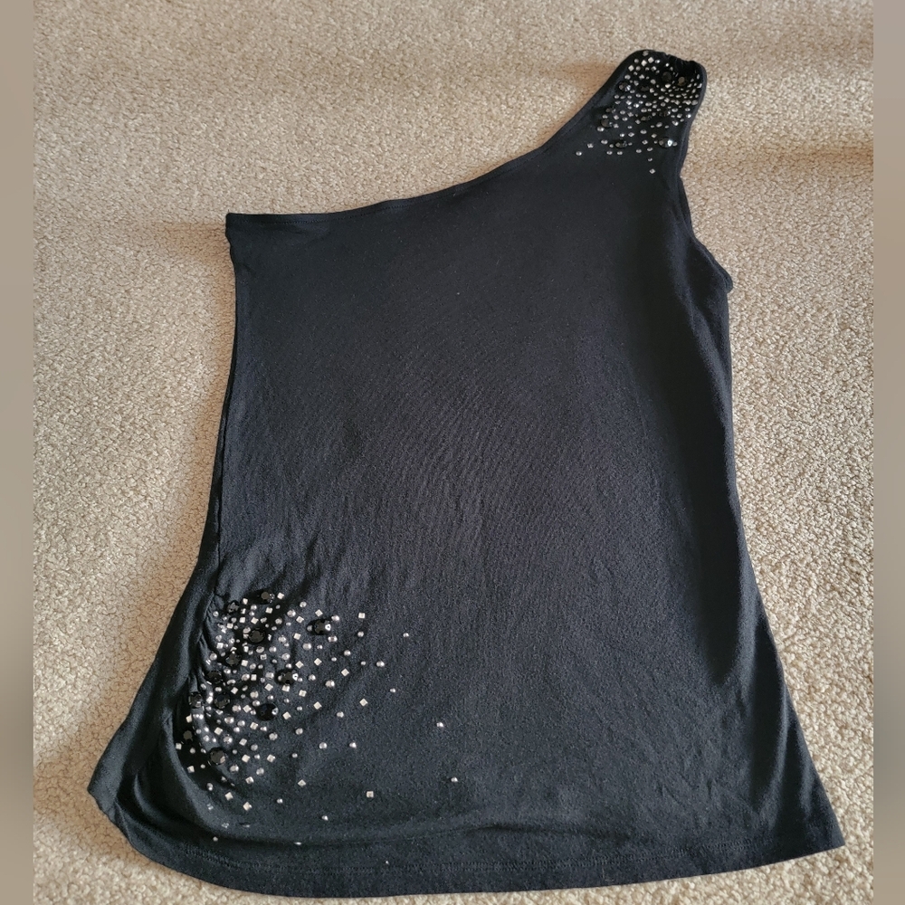 Express Y2K Sequin One Shoulder Black Top Size Small